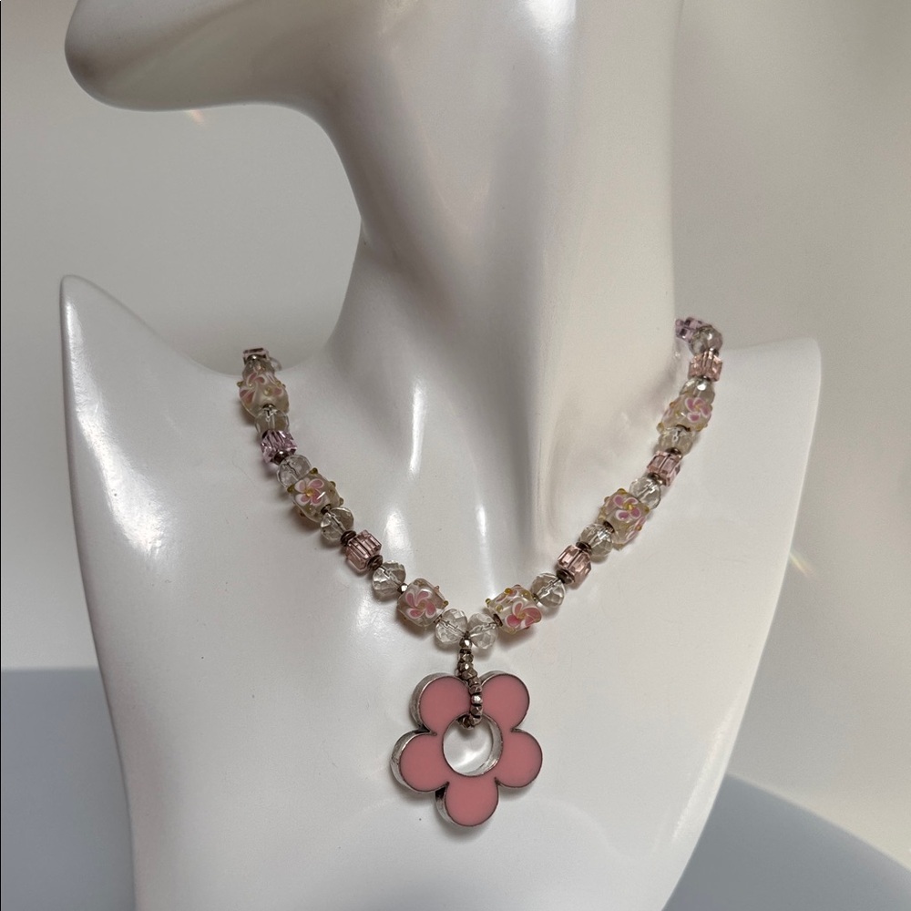 Elegant 925 sterling silver enamel Pink Flower Crystals Pendant Necklace